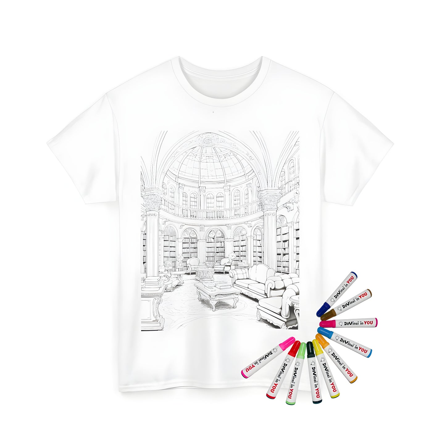 Unisex t-shirt featuring a luxurious reading room design with colorful fabric markers