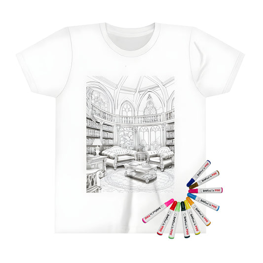 Kid's colorful T-shirt with a gothic-style home library illustration, featuring bookshelves, armchairs, couches, and a central table, made for kids to color with fabric markers