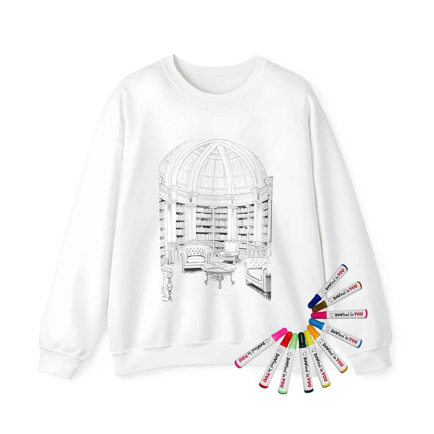 Adult sweatshirt featuring a detailed line drawing of an elegant library interior with domed ceiling and cozy reading nook, great for book lovers