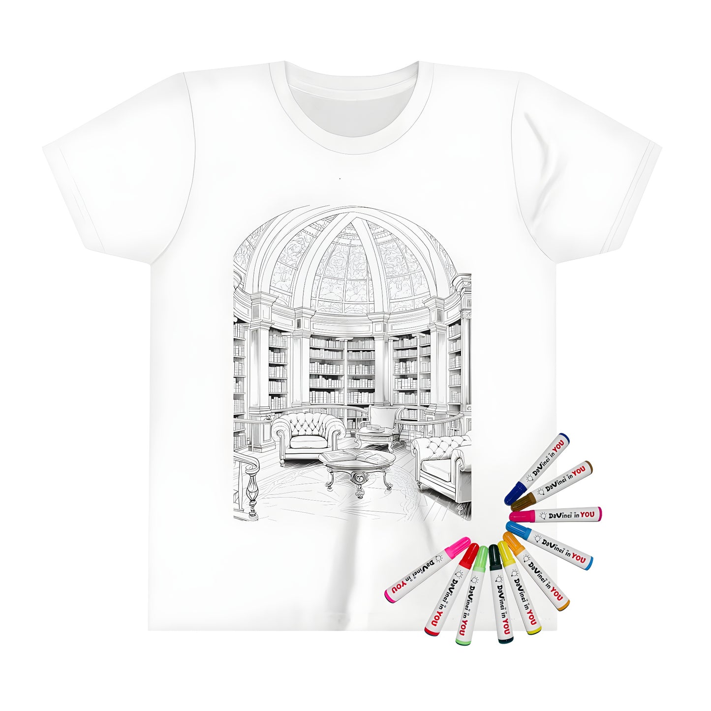 Coloring page art on a kid's t-shirt featuring an elegant library interior scene