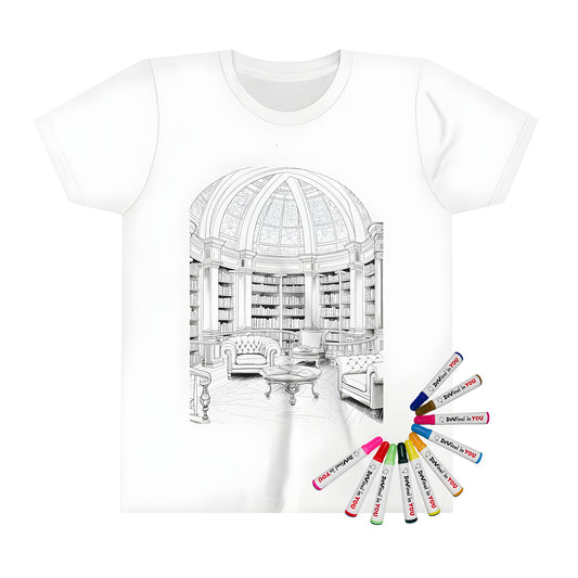 Coloring page art on a kid's t-shirt featuring an elegant library interior scene