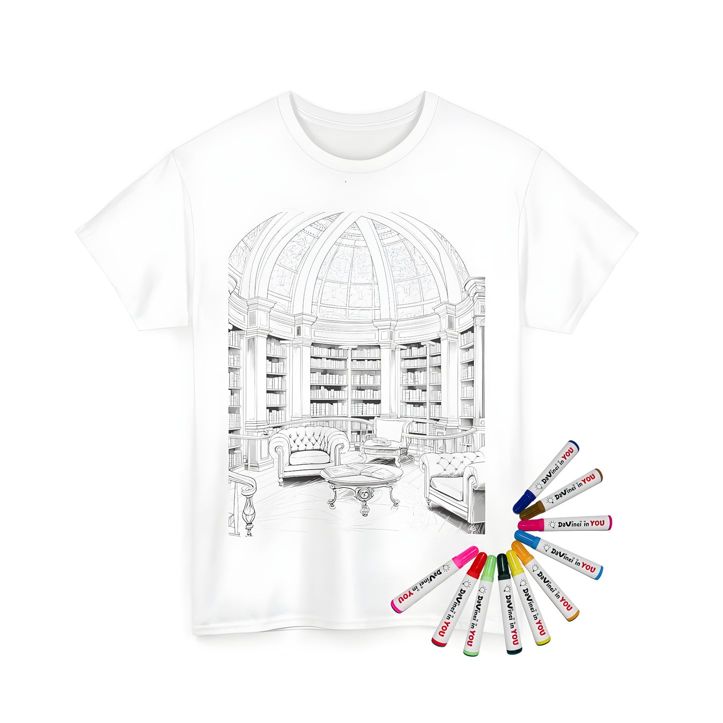 Unisex T-shirt with elegant library interior design featuring domed ceiling and bookshelves