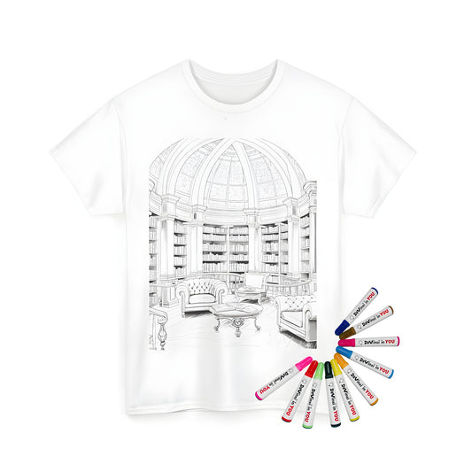 Unisex T-shirt with elegant library interior design featuring domed ceiling and bookshelves