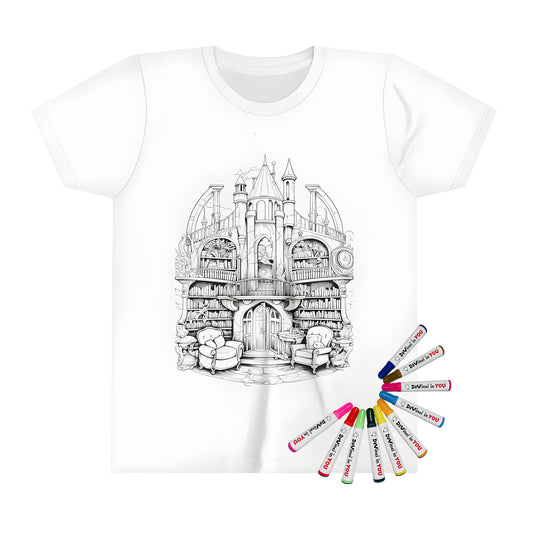 Kid's t-shirt featuring an intricate black and white library castle design with detailed bookshelves and furnishings