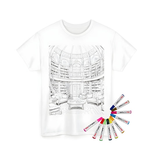 Unisex t-shirt featuring a detailed illustration of a library on its front, filled with bookshelves and comfortable seating