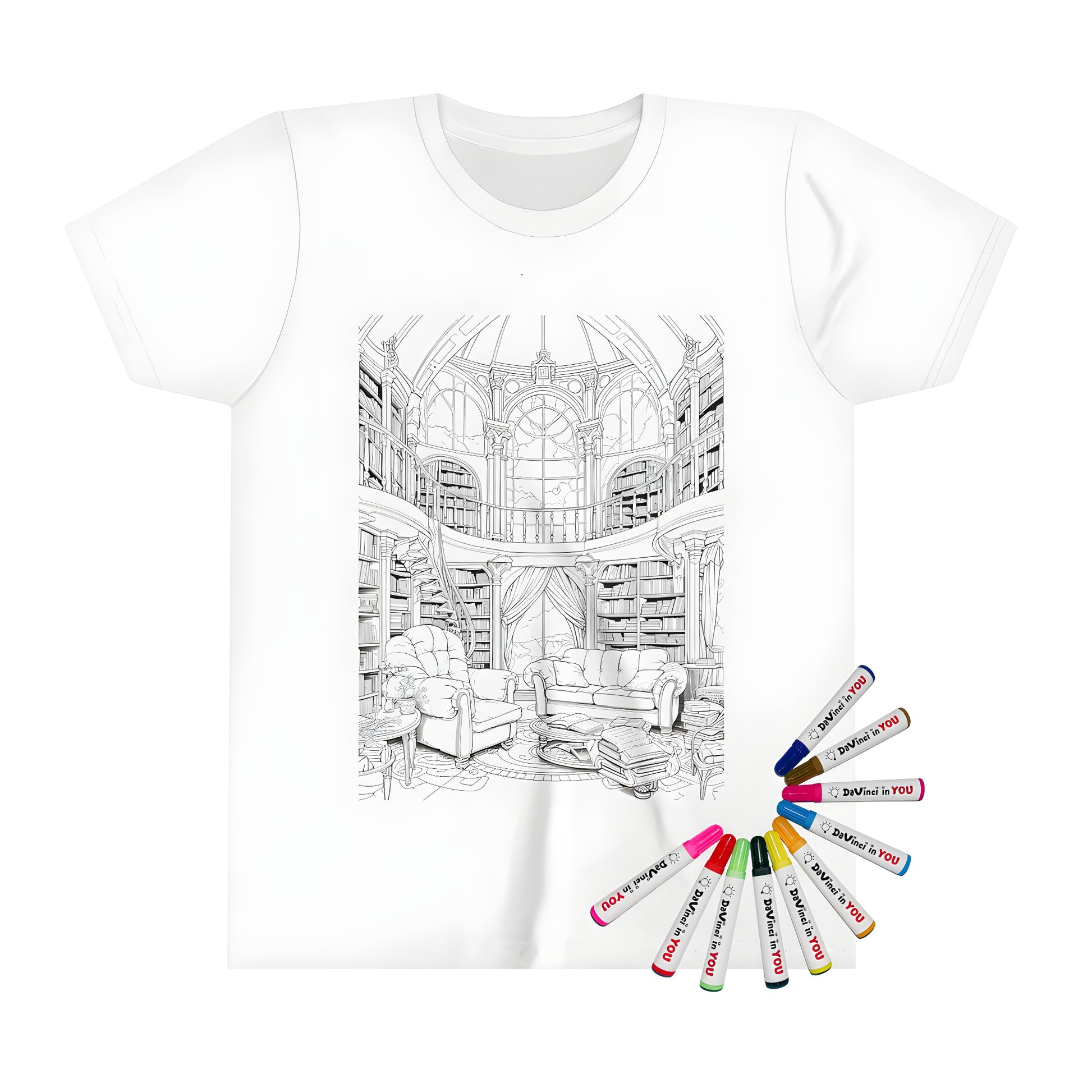 Kid's library bookshelf study themed t-shirt design with fabric markers