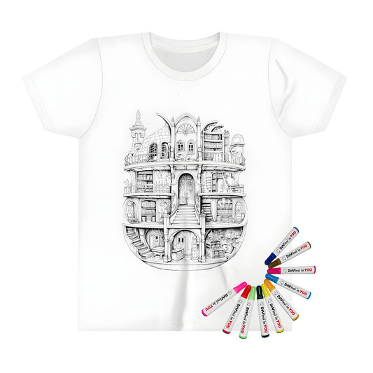 Kid's T-shirt featuring an enchanting fantasy library illustration with vibrant colors, perfect for kids who love adventure and imagination