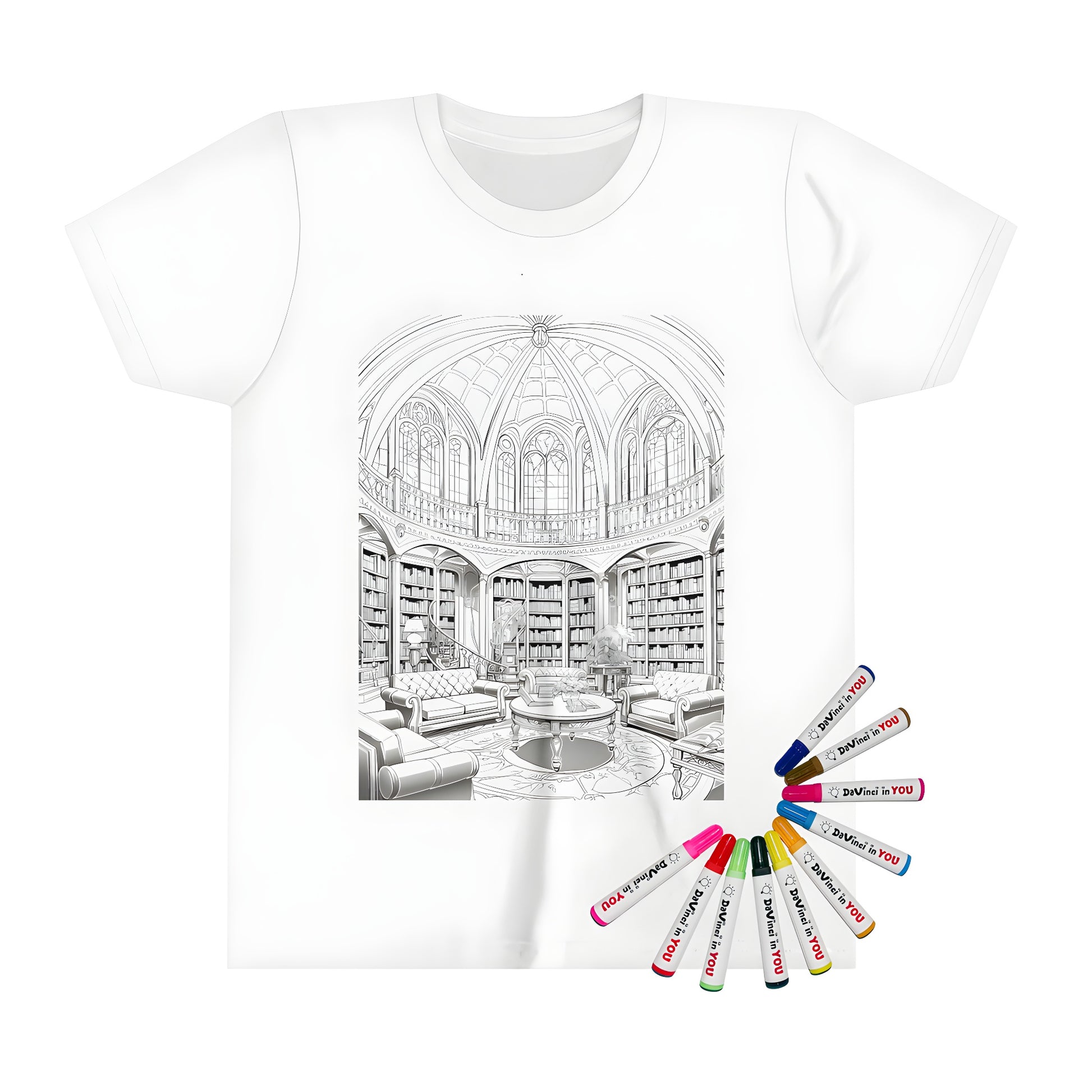 Colorful kid's t-shirt with luxury library design inspired by black and white illustrations of grand libraries