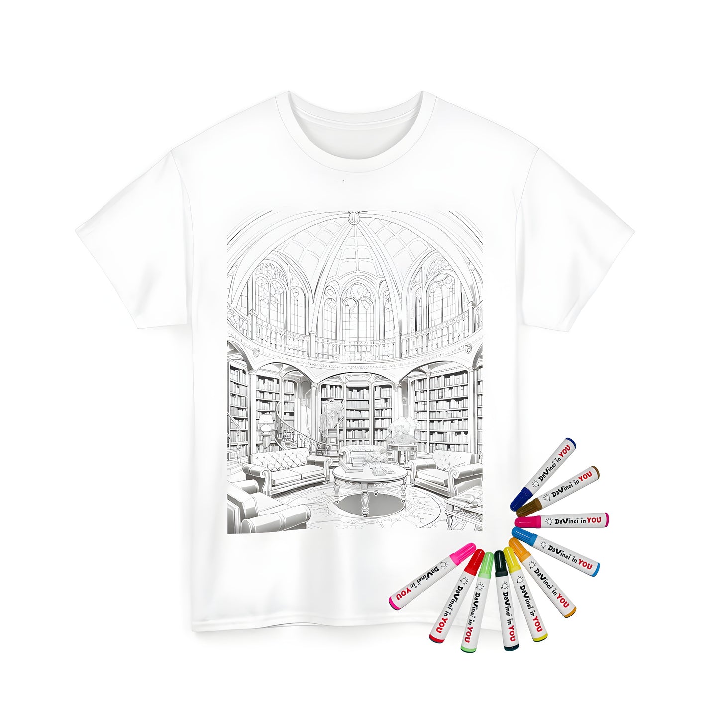 Unisex t-shirt with luxurious library design featuring bookshelves, sofas, round table and grand dome ceiling. Perfect for book lovers and literary enthusiasts.