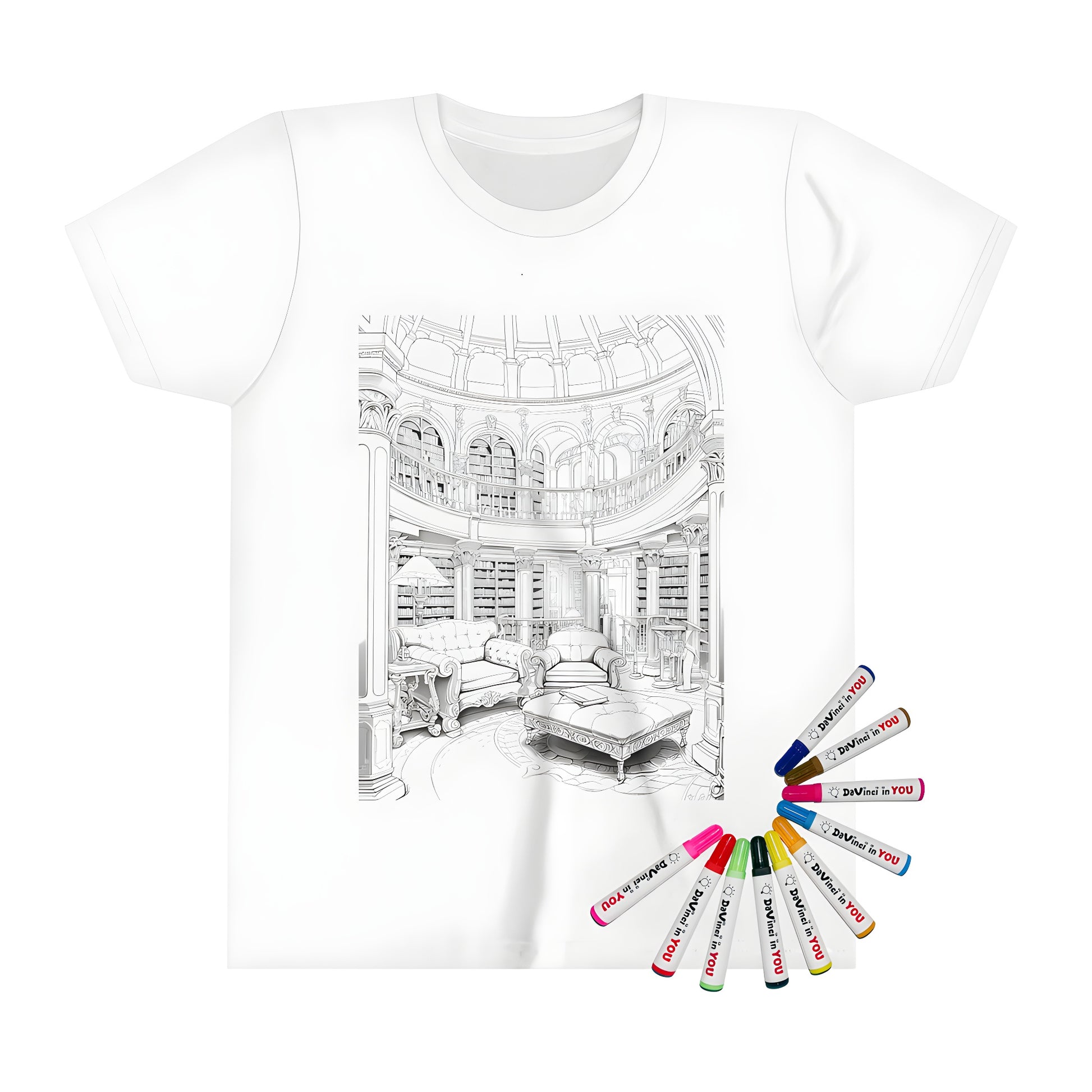 Detailed illustration of an ornate library with tall bookshelves, luxurious furniture, and intricate architectural features printed on a kid's t-shirt