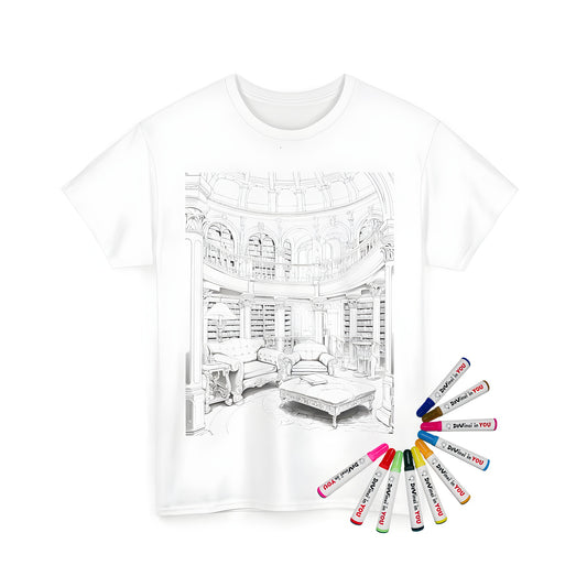 Detailed illustration of an ornate library bookshelf on a unisex t-shirt, designed for coloring with fabric markers