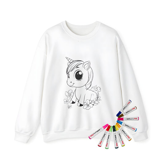 Adult sweatshirt with colorful unicorn design, featuring large eyes and flowers, perfect for adults who love cute and whimsical fashion