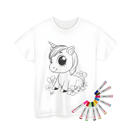 Coloring kit for unisex t-shirt featuring cute unicorn design