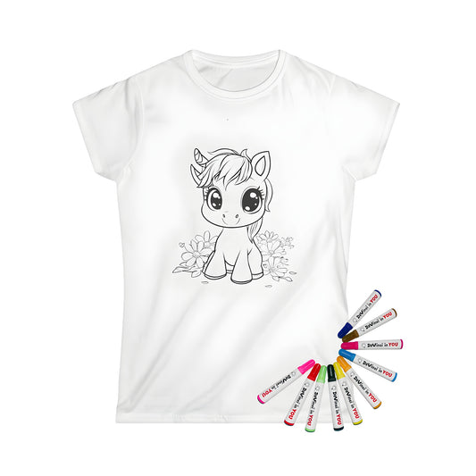 Women's t-shirt featuring an adorable black and white illustration of a cute unicorn baby design, surrounded by flowers, for coloring and fun