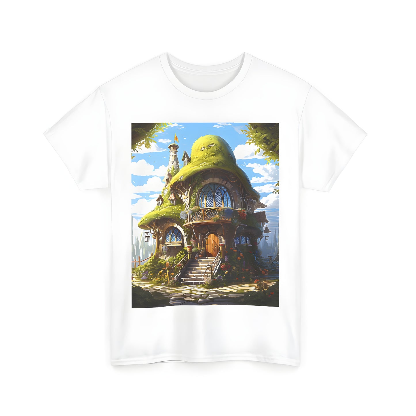 Colorful whimsical cottage t-shirt with vibrant flowers and mossy roof