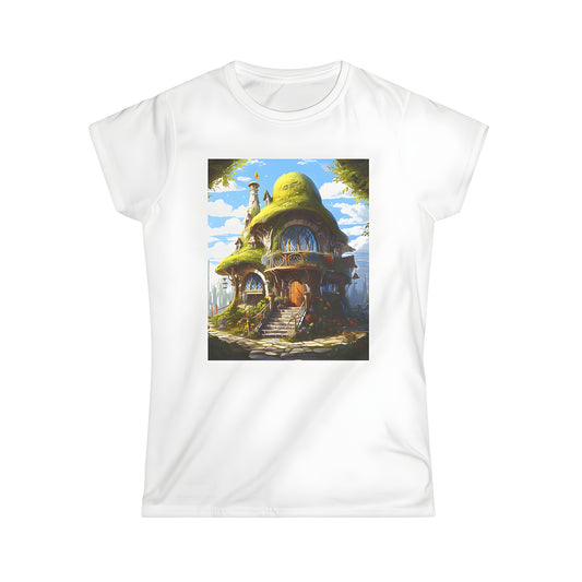 Women's T-shirt with Whimsical Cottage design featuring a Mossy Roof, Vibrant Flowers, and Stone Steps under a Bright Blue Sky.