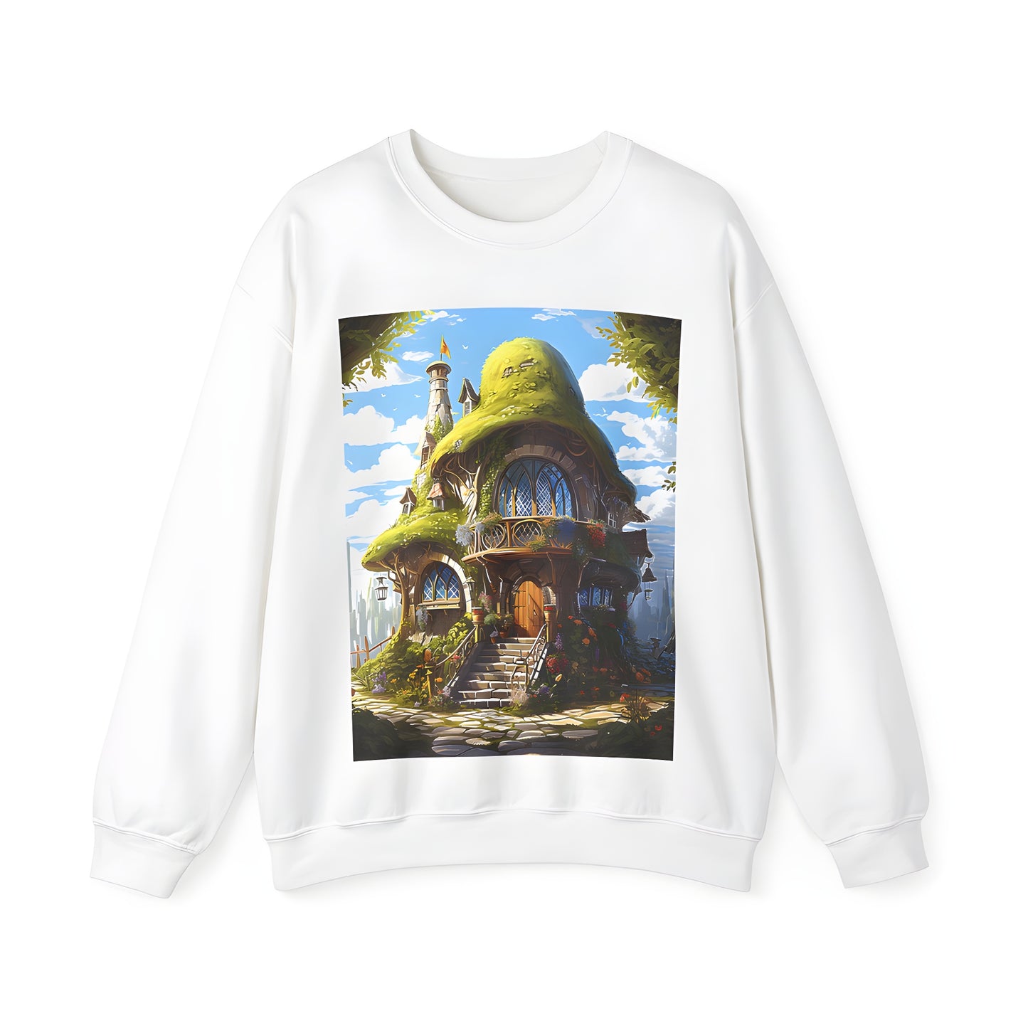 Adult Sweatshirt with whimsical cottage design featuring colorful flowers and stone steps