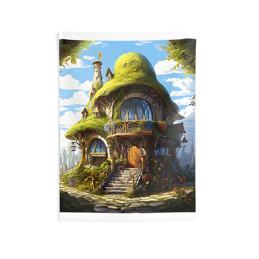 Whimsical cottage indoor wall tapestries. Colorful fantasy environment with mossy roof, vibrant flowers and stone steps under bright blue sky.