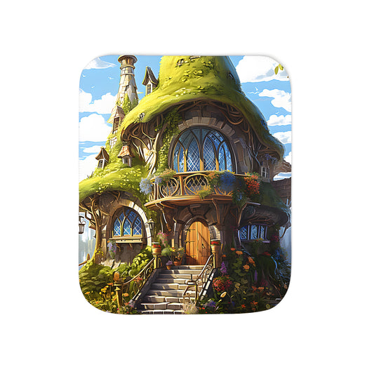 Cozy blanket featuring an enchanted cottage design with mossy roof, vibrant flowers, and stone steps set in a fantasy environment under a bright blue sky