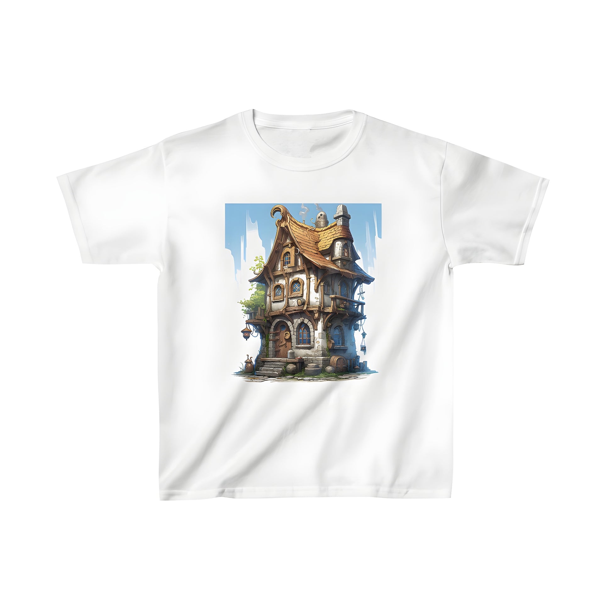 Whimsical wood cabin t-shirt for kids