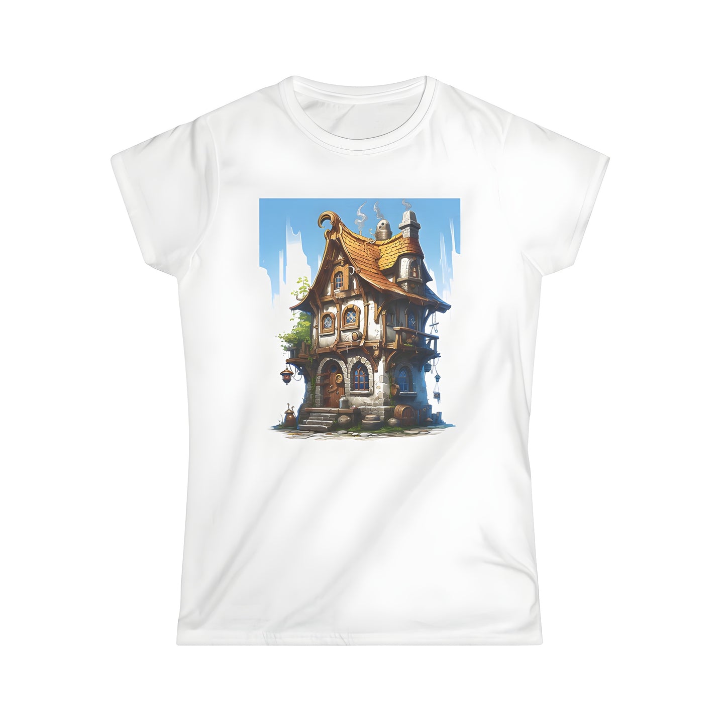 Colorful whimsical cottage on wood and stone print Women's t-shirt