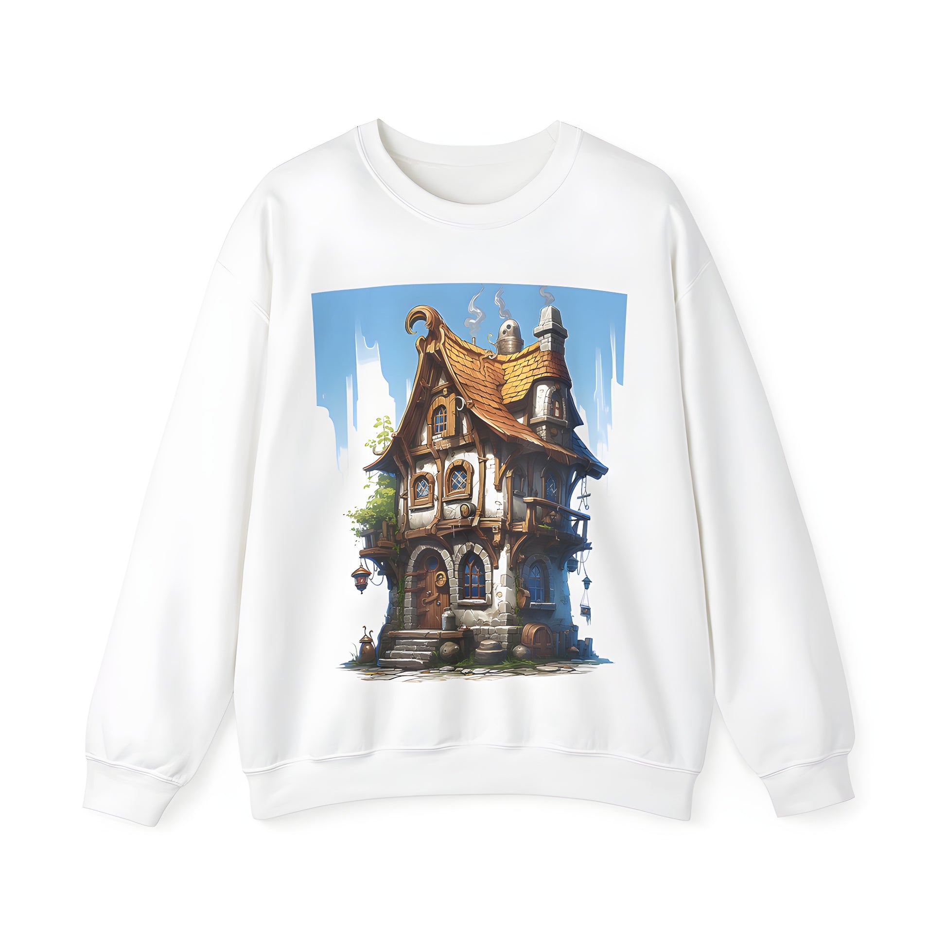 Colorful fantasy cottage sweatshirt for adults