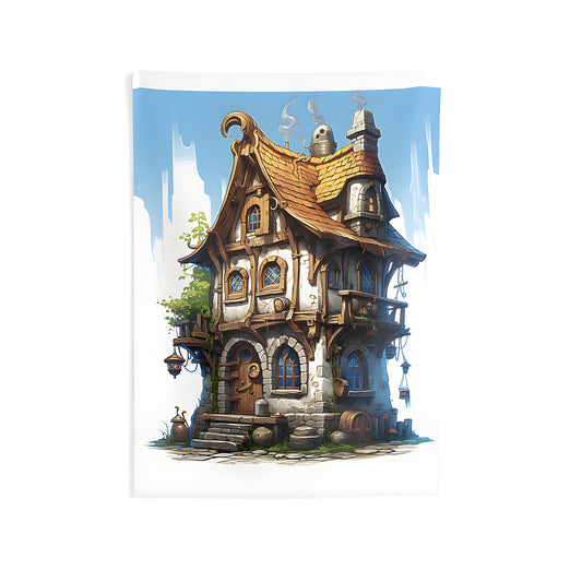 Indoor wall tapestry of a whimsical fantasy cottage with colorful wood and stone design, perfect for home decor