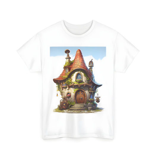 Colorful fantasy cottage shirt with ivy-covered walls and whimsical details