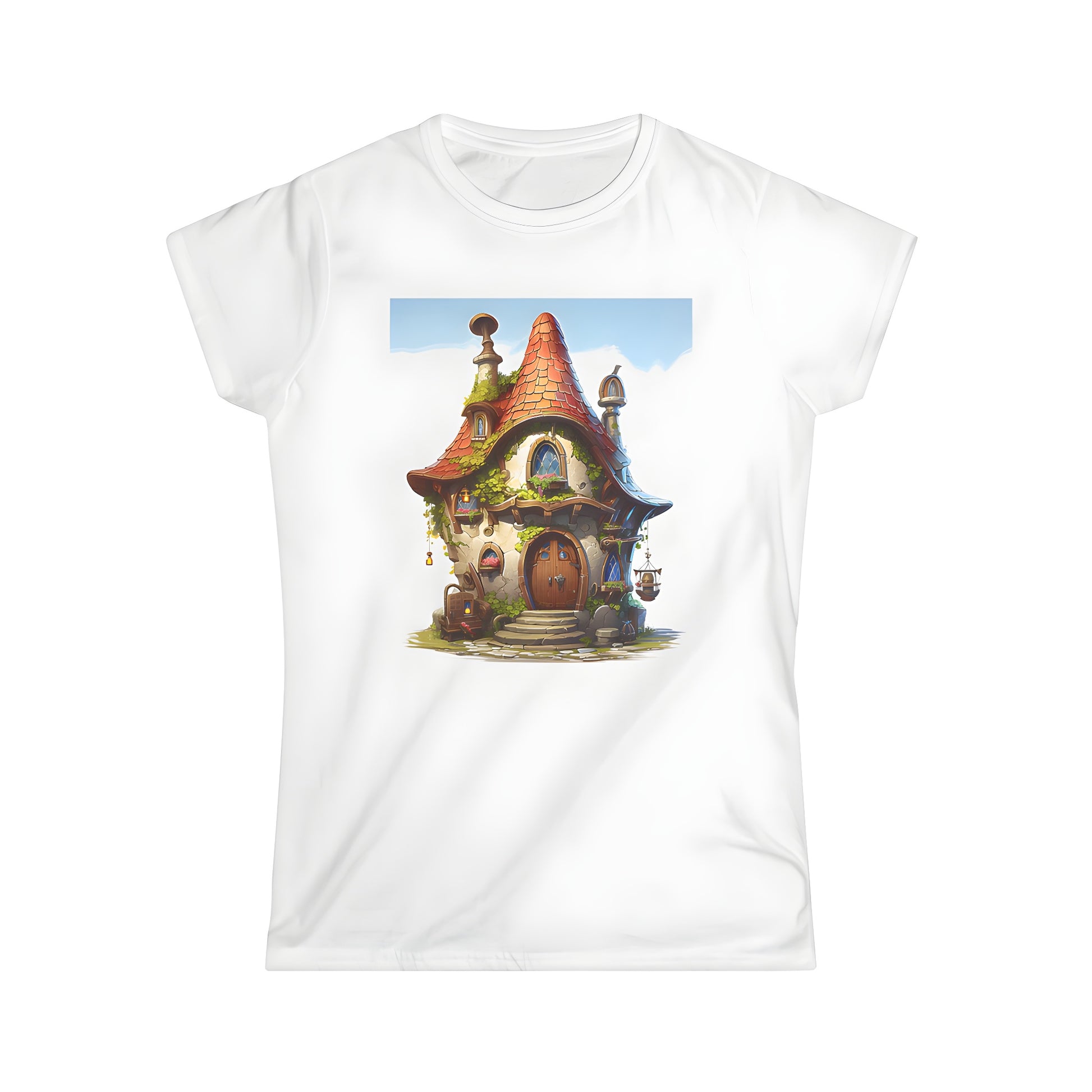 Colorful Women's T-shirt featuring a magical cottage design with red roof, stone walls, ivy and flowers