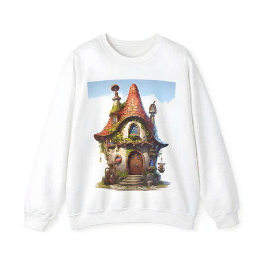 Adult Sweatshirt featuring a colorful fantasy cottage design with red roof, ivy-covered stone walls, and round wooden door adorned with lanterns and flowers.