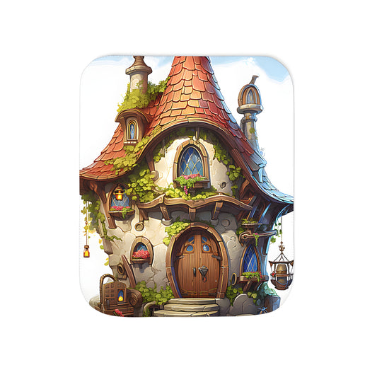 Cozy blanket with enchanting fantasy cottage design - colorful ivy-covered stone walls and wooden door