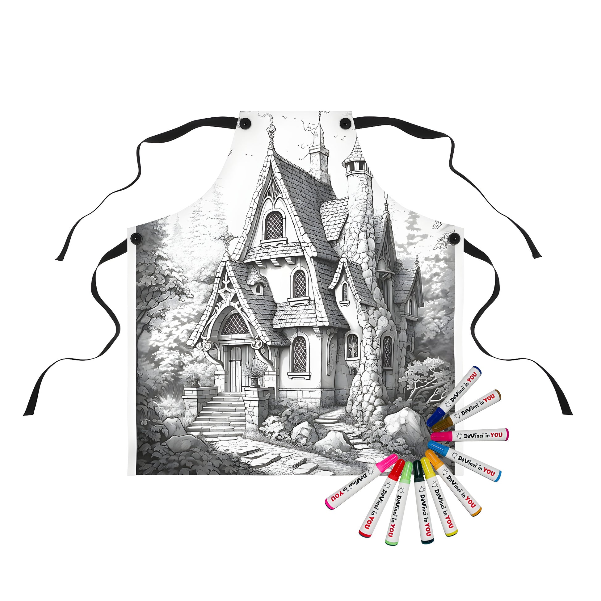 Apron featuring a whimsical castle illustration, fantasy house art, or medieval village print