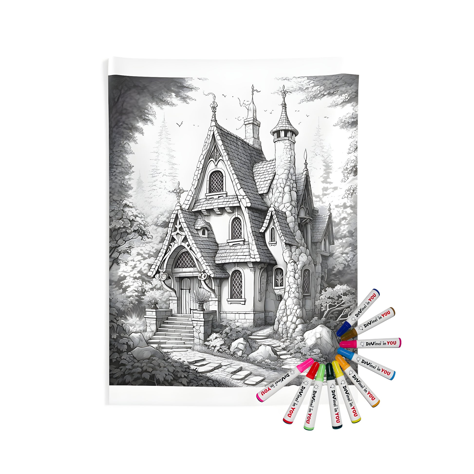 Whimsical indoor wall tapestry featuring a detailed drawing of a fantasy house with a stone path leading to it