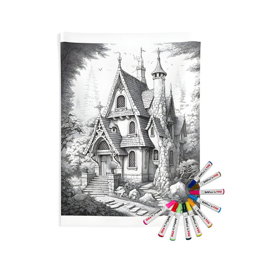 Whimsical indoor wall tapestry featuring a detailed drawing of a fantasy house with a stone path leading to it