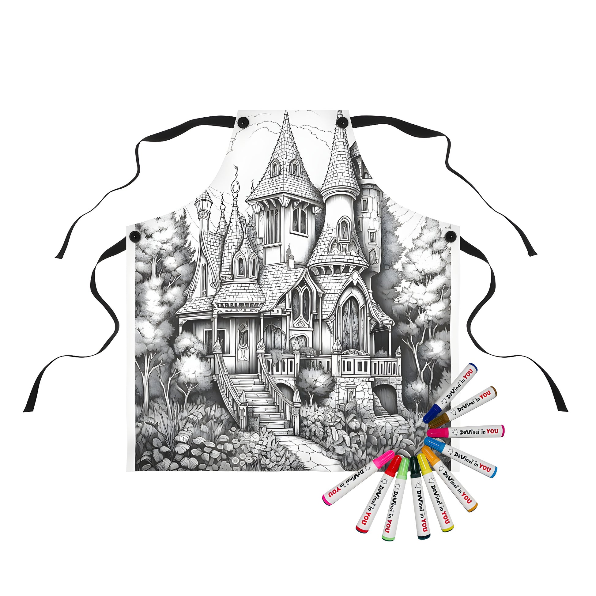 Whimsical fairy tale castle apron with colorful illustrations and intricate details, featuring elaborate architecture