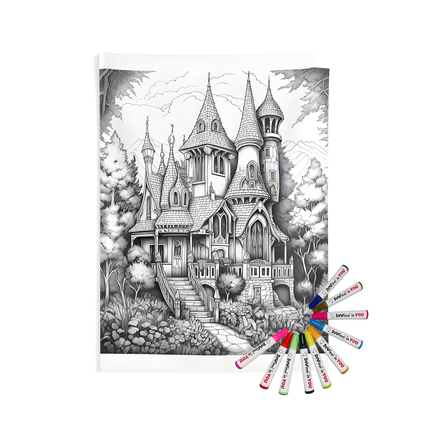 Whimsical Indoor Wall Tapestry and coloring kit for kids featuring a magical castle scene