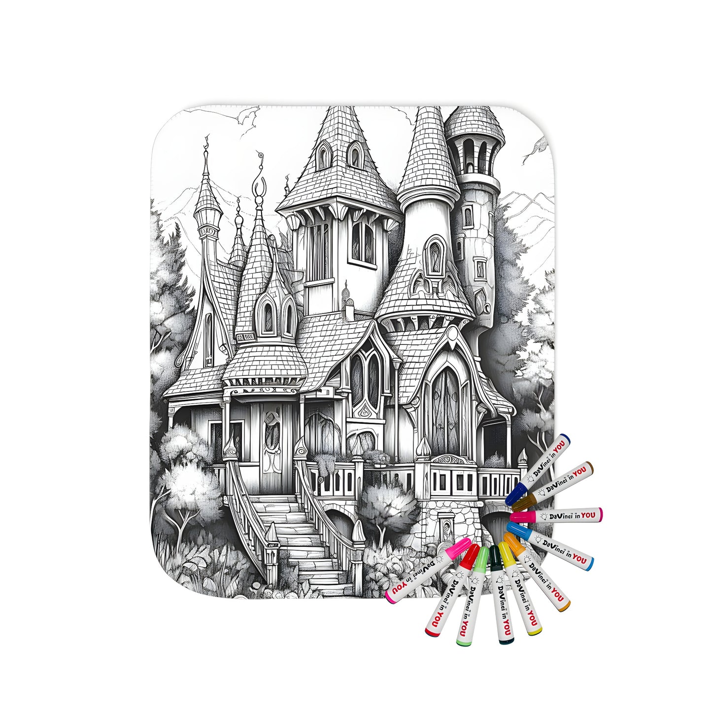 Whimsical blanket with detailed illustration of fairy tale castle and forest design