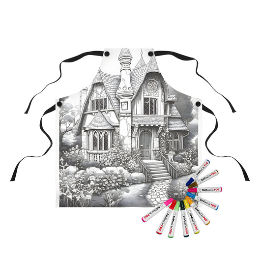 Apron with whimsical fantasy house design, featuring stone and wood elements, surrounded by lush greenery and trees.