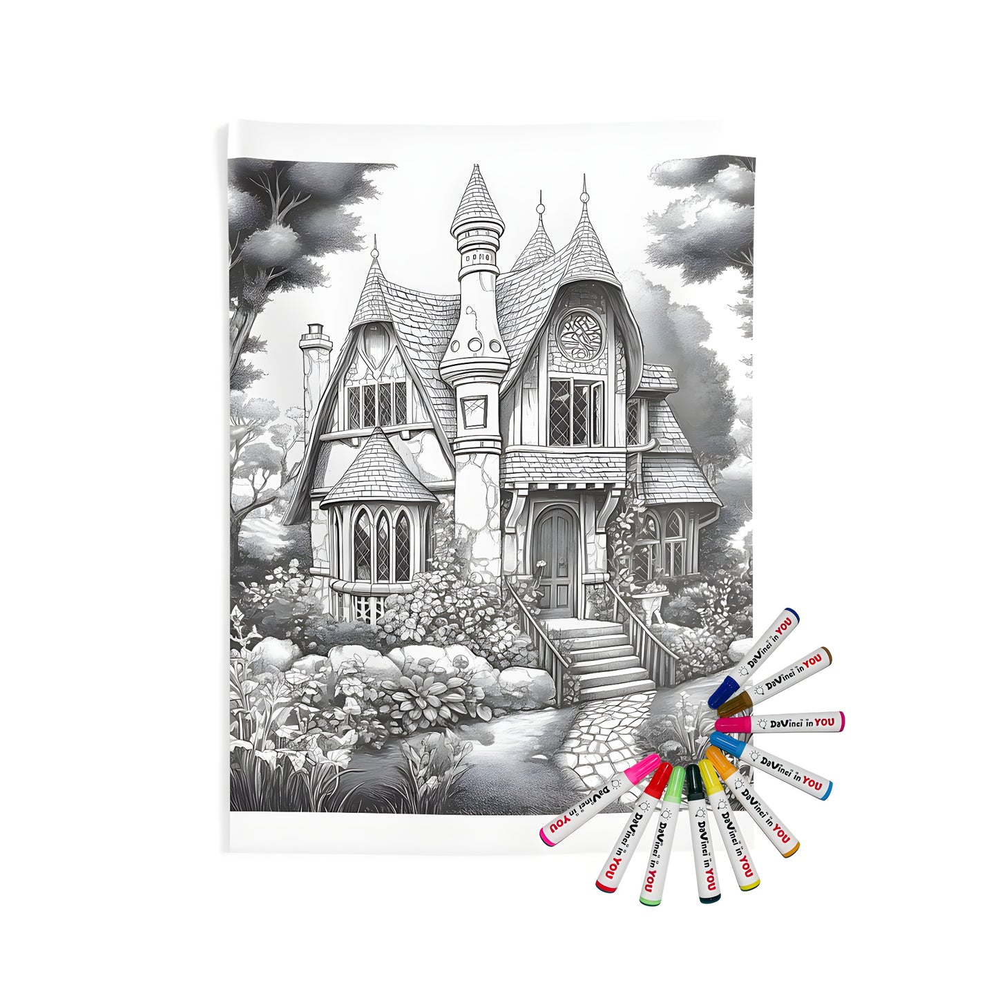 Indoor wall tapestry with detailed illustration of whimsical cottage, stone and wood features, lush garden, trees, and vibrant fantasy elements