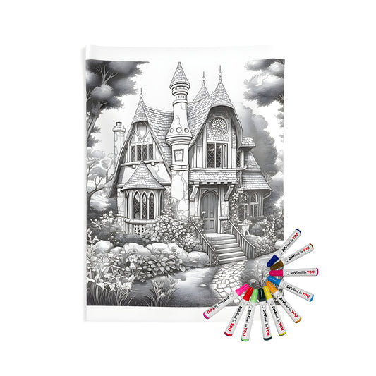 Indoor wall tapestry with detailed illustration of whimsical cottage, stone and wood features, lush garden, trees, and vibrant fantasy elements