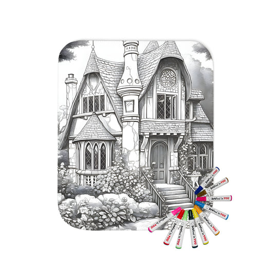 Coloring kit blanket with detailed illustration of fantasy-themed cottage, stone houses, wooden details, and lush green garden