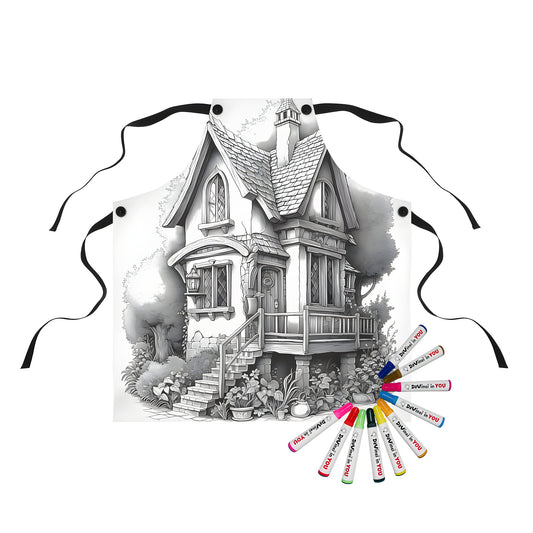 Quaint cottage apron with colorful fabric markers on a black background