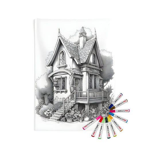 Quaint cottage home decor wall tapestry coloring kit