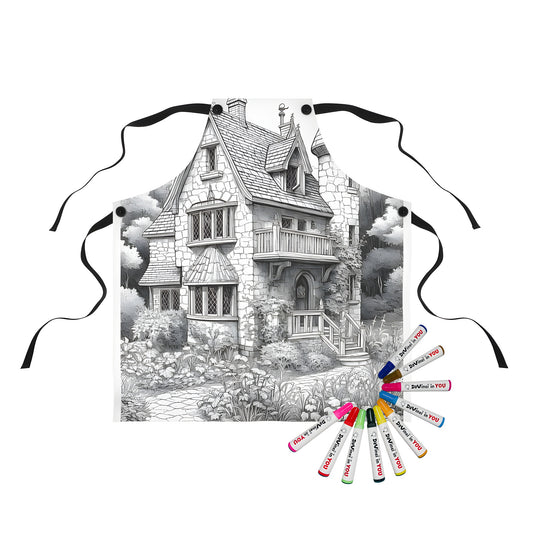 Apron with charming cottage design, featuring a stone house with a tower and lush garden