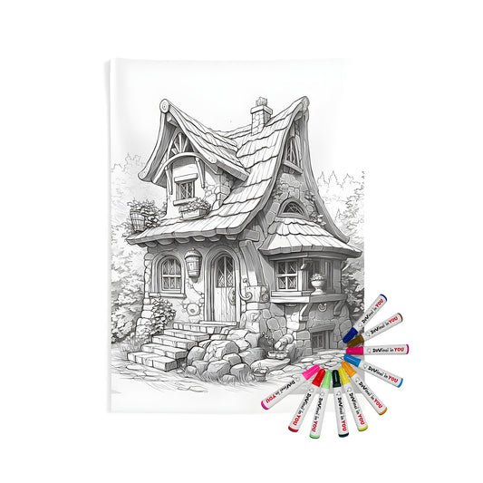 Indoor wall tapestries featuring whimsical fairy tale cottage designs for adults and kids