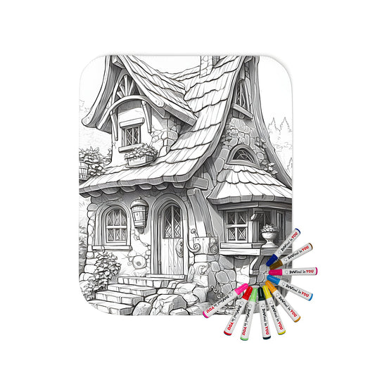 Whimsical stone cottage blanket with colorful markers