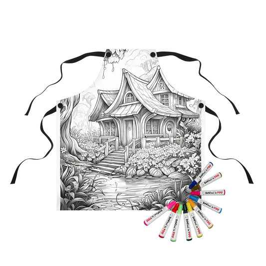 Whimsical cottage apron with intricate details and colorful illustrations