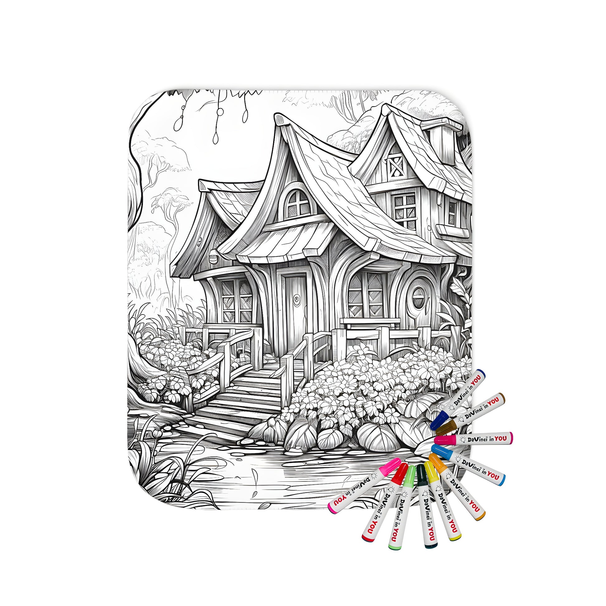 Whimsical wooden cottage blanket design with fabric markers