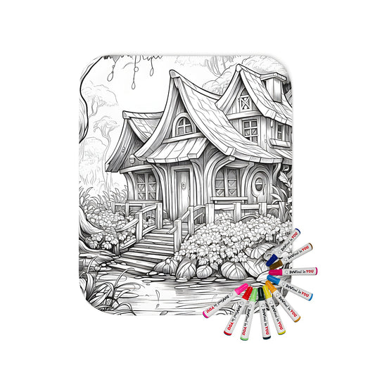 Whimsical wooden cottage blanket design with fabric markers