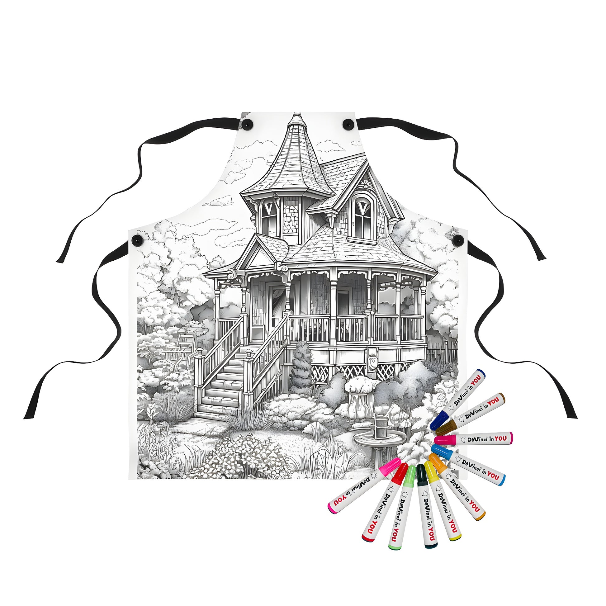 Coloring apron with detailed Victorian mansion design, complete with garden, trees, and birdbath